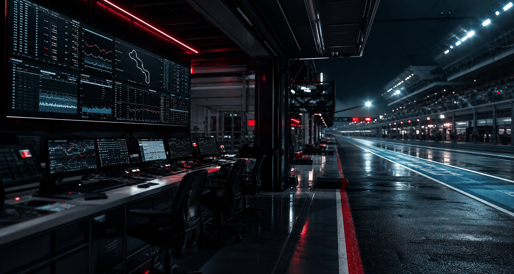 Race control garage with timing monitors beside a pit lane